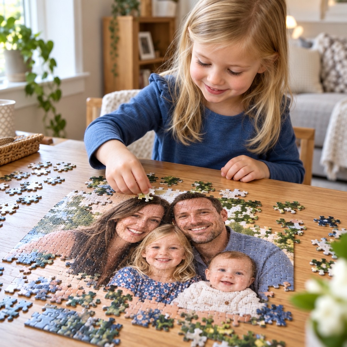 A child assembling a custom photo puzzle of a family portrait